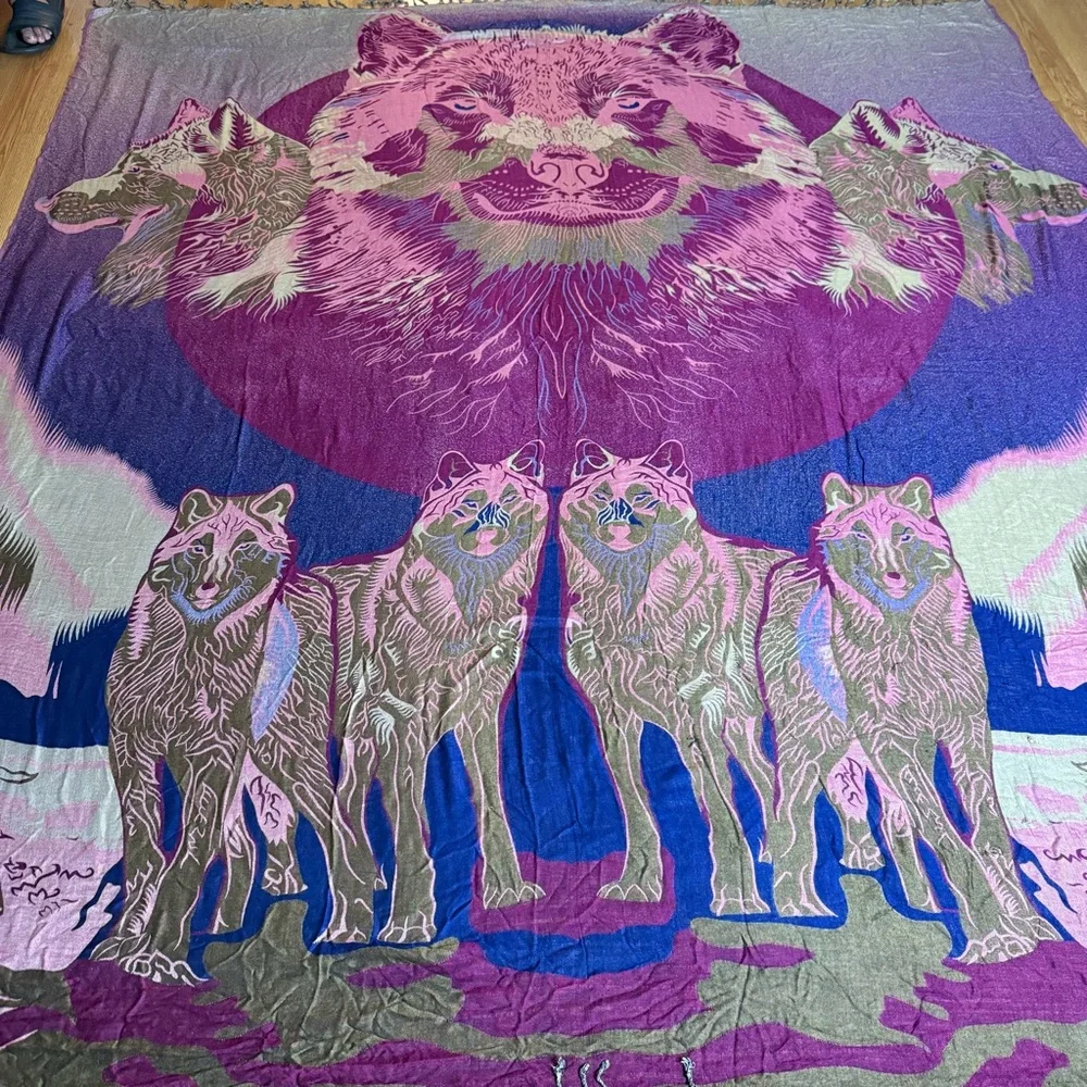 Vintage Wolf Tapestry Blanket Reversible Wall‎ Hanging Lodge Boho Rustic 97x89